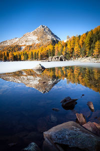 Scenic view of lake against clear blue sky