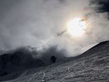 Scenic view of snow covered mountains against sky