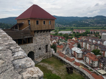 Tower on the medieval fortress gradina above doboj downtown during a cloudy summer day