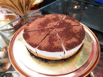 High angle view of cake in plate on table