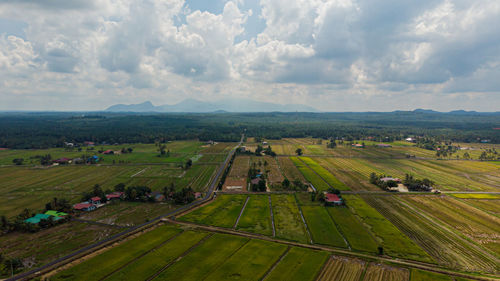 High angle view of agricultural field against sky