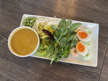 High angle view of meal served on table