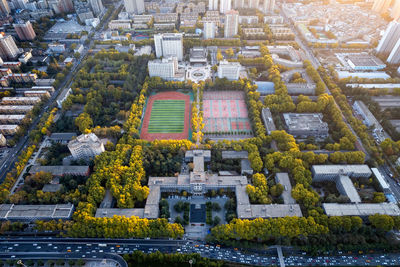 High angle view of buildings in city