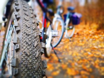 Close-up of bicycle parked by tree