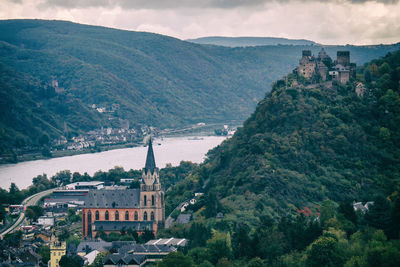 High angle view of town on mountain