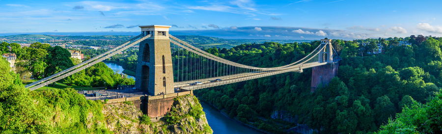 View of suspension bridge against cloudy sky