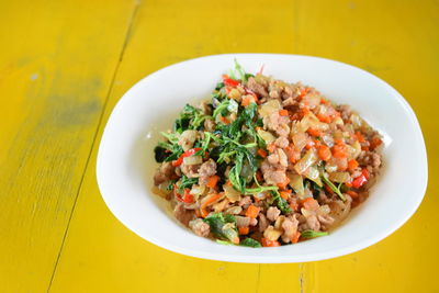 High angle view of meal served on table
