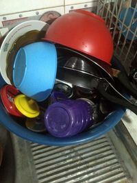 High angle view of various eggs on table at home