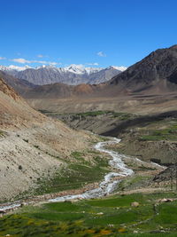 Scenic view of landscape and mountains against blue sky