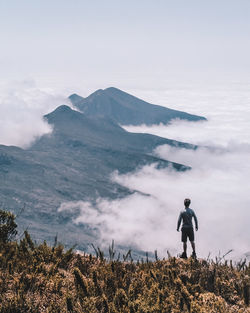 Rear view of man standing on mountain