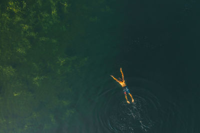 Aerial view on a swimmer in the blue water of a lake. summer mood