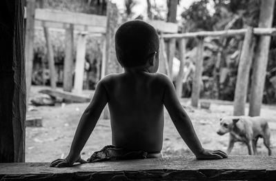 Rear view of shirtless boy sitting outdoors