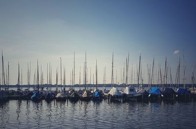 Sailboats moored in harbor against blue sky