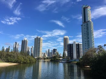 City at waterfront against sky
