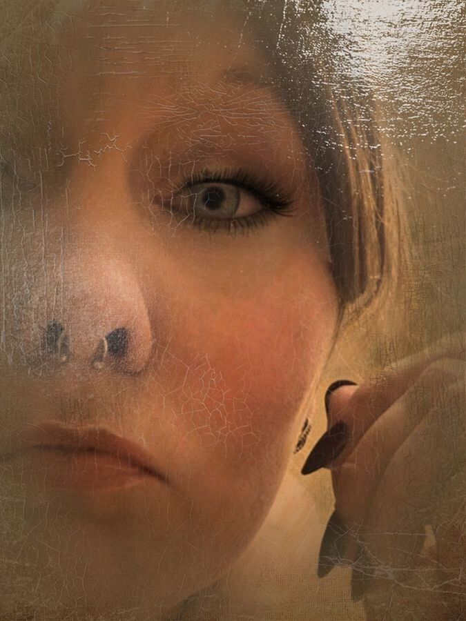 portrait, close-up, one person, headshot, human body part, young adult, human face, body part, young women, real people, adult, women, looking away, looking, eye, indoors, beautiful woman, contemplation, digital composite, textured effect