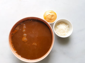 High angle view of breakfast on table