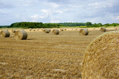 Hay bales on field against sky