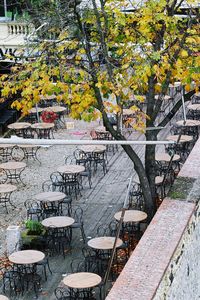 Empty chairs and tables at sidewalk cafe in city