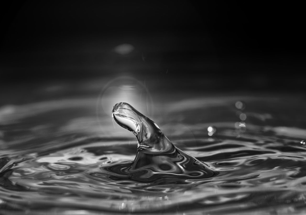 CLOSE-UP OF DROP ON RIPPLED WATER IN SUNLIGHT