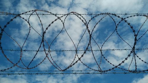 Low angle view of barbed wire against cloudy sky