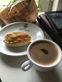 High angle view of breakfast served on table