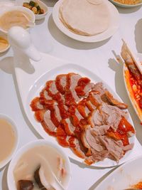 High angle view of food served on table