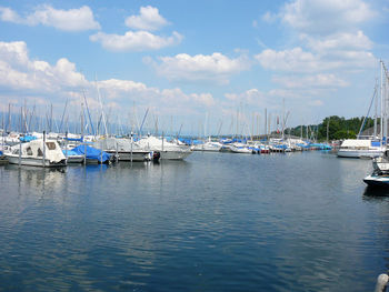 Boats moored at harbor