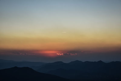 Scenic view of silhouette mountains against sky at sunset