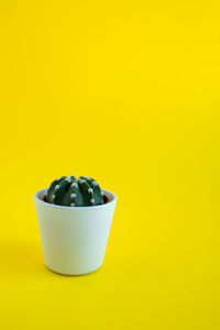Close-up of drink in bowl against yellow background