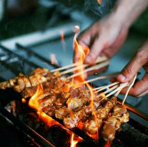 Close-up of meat on barbecue grill