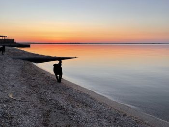 Silhouette man standing on beach against sky during sunset