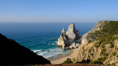 Scenic view of sea against clear blue sky