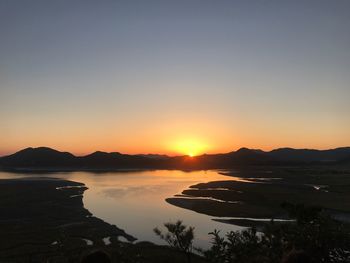 Scenic view of sea against clear sky during sunset