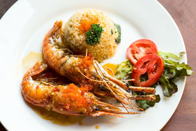 High angle view of food served in plate