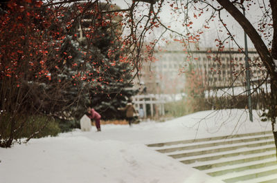 Man walking on snow covered land