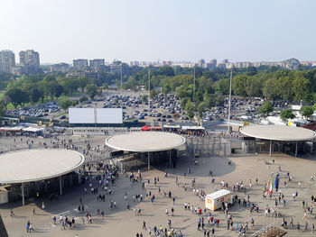 High angle view of people and buildings in city