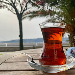 Close-up of tea in glass on table