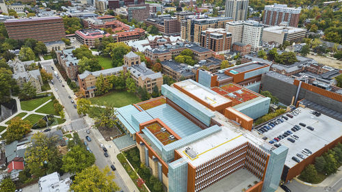 High angle view of buildings in city