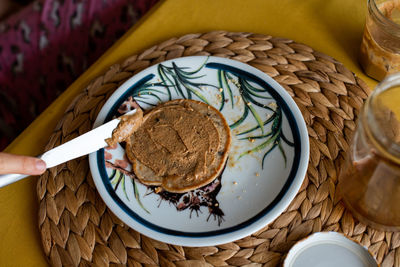 High angle view of breakfast served on table