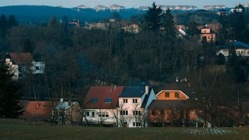 High angle view of buildings in town