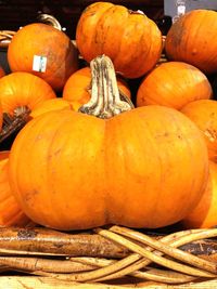 Close-up of pumpkins for sale at market stall