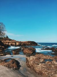 Scenic view of sea against clear blue sky