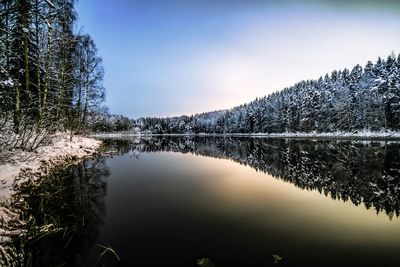 Reflection of snow covered trees in river against clear sky