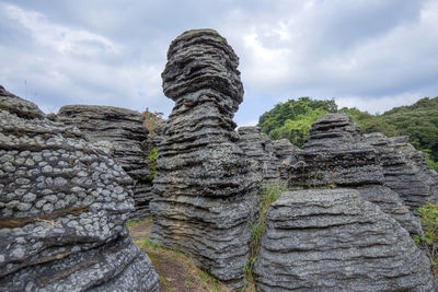 Low angle view of rock formation against sky