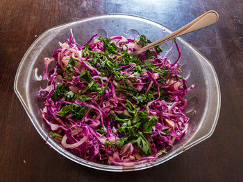 High angle view of food in bowl on table