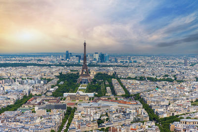 Aerial city view of paris with the eiffel tower and la defense