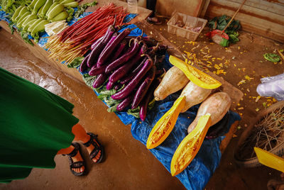 High angle view of vegetables for sale in market