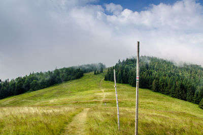 Scenic view of golf course against sky