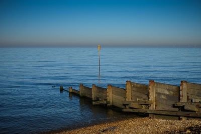 Scenic view of sea against clear blue sky