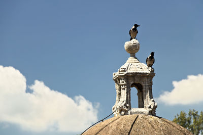 Low angle view of seagull perching on statue against sky